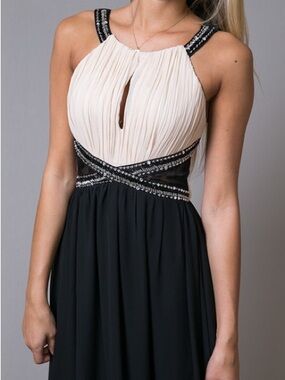 Little Mistress Black and Cream Prom Dress with Embellished Waist